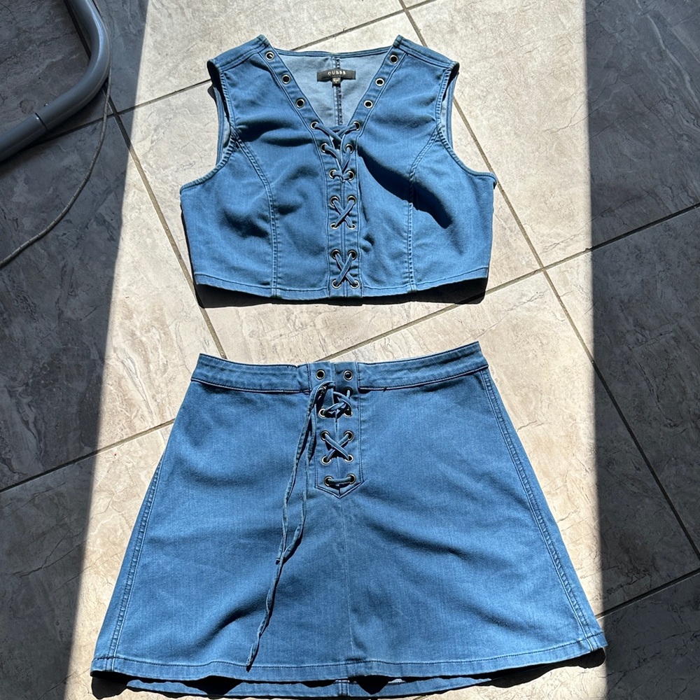 Guess Blue Denim Vest and Skirt Set Sz L